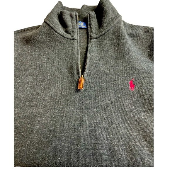 Polo Ralph Lauren  Grey Quarter Zip Old Money Leather Pull Zipper Turtleneck L - Picture 2 of 10
